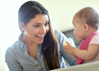 Image showing Mother, baby child and smile by chair for play, bonding and love at table in morning with happiness. Mom, infant kid and happy together in family home for development, learning or care in living room