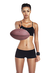 Image showing Sports, studio portrait and woman with football for exercise fitness, competition game or performance challenge. Health wellness, workout and training football player isolated on white background