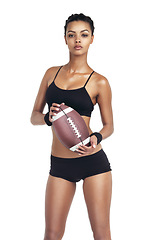 Image showing Sports, studio portrait and black girl with football for exercise fitness, competition game or performance challenge. Health woman, workout and training football player isolated on white background