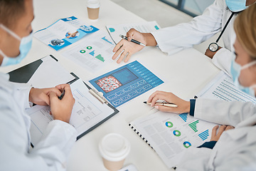 Image showing Covid, teamwork and doctors with documents in meeting in hospital office. Corona, collaboration and top view of medical people, group or staff with paperwork, data and statistics for vaccine planning