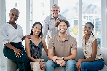 Image showing Business people, sofa and diversity portrait for vision, solidarity or team building in marketing office. Corporate team, multicultural or together on couch for goals, mission or success at workplace