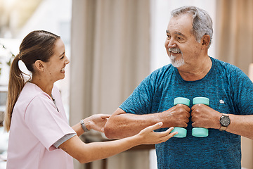 Image showing Exercise, physiotherapy and senior man with a physiotherapist for healthcare training, rehabilitation and fitness support. Strength training, workout and doctor with motivation for elderly patient