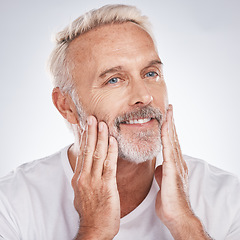 Image showing Healthy skincare, mature man and touching face on studio background. Mature guy, clean beard or facial cosmetics of male beauty, happy aesthetics and natural body care, cream and wellness dermatology