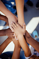 Image showing Hands, together and support, children solidarity and trust, commitment and team motivation top view. Diversity, teamwork and youth group with development, growth and kids community with connection