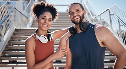 Image showing Happy black couple, stairs and portrait for training with music, smile and outdoor for workout together. Exercise team, couple and support for body health, summer training and wellness in Cape Town