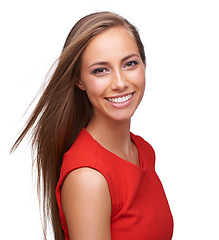 Image showing Beauty, happy and face portrait of a woman with a smile isolated on a white background with a positive mindset. Young professional female Canada model in studio with makeup, cosmetics and hair care