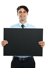 Image showing Placard mockup, portrait and happy businessman with marketing poster, advertising banner or product placement space. Billboard paper mock up, promotion sign and sales model on white background studio