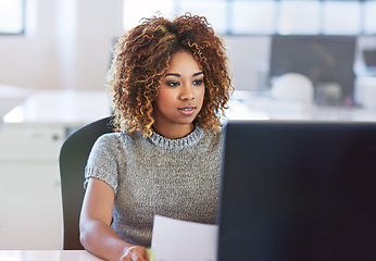 Image showing Business laptop, reading and black woman doing feedback review of financial portfolio, stock market or investment. Online economy research, bitcoin mining and trader trading nft, forex or crypto