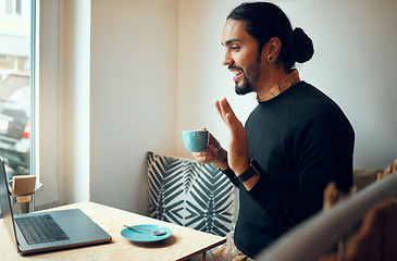 Image showing Laptop video call, communication and customer in cafe, coffee shop or restaurant for wifi, network connection or b2c service. Breakfast store conversation, talking online or profile of man wave hello