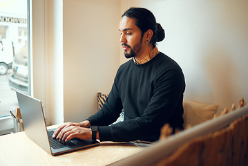 Image showing Startup employee, coffee shop or man with laptop for communication, web design or cafe content blog review. Thinking, cafe or employee for research, networking or internet SEO UX website research