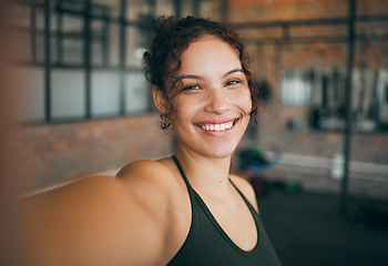 Image showing Fitness, exercise and gym selfie portrait of a woman happy about workout, training motivation and body wellness. Young sports female or athlete with a smile for blog inspiration and progress post