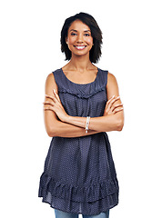 Image showing Pride, happy and portrait of a black woman with arms crossed for confidence, empowerment and motivation. Content, proud and African model on a white background in studio with confident energy