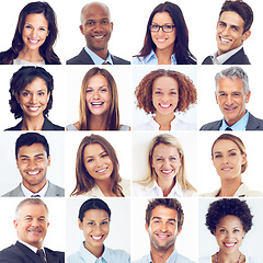 Image showing Face, collage and portrait smile of business people for profile, montage or collection against a white studio background. Happy faces collected in diversity isolated or cropped group smiling together