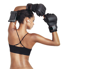 Image showing Sports music, studio boxer and black woman ready for exercise fitness, muscle challenge or competition mockup. Health, boxing workout and back of training girl isolated on mock up white background