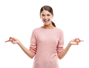 Image showing Mockup, woman and pointing to sides with smile, product placement for announcement and isolated on white background. Marketing, advertising and happy woman in promotion for product launch in studio.