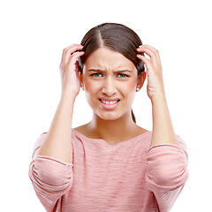 Image showing Headache, stress and frustrated with woman in pain suffering with anxiety, depression and burnout fatigue. Mental health, sad and migraine with face of worried girl for sick, mistake and exhausted