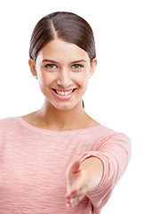 Image showing Woman, hand and portrait of a person ready for handshake agreement or deal. Smile, model face and isolated female with happiness welcome and hallo hand gesture happy with mockup and white background