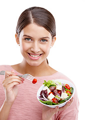 Image showing Woman, smile and salad bowl for healthy diet, meal or food for vegetarian against white studio background. Portrait of isolated female smile holding vegetables for health, nutrition or weight loss