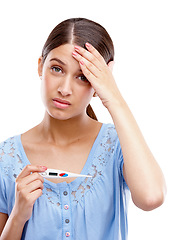 Image showing Portrait, confused and pregnant woman pregnancy test in studio, bad and worry on white background. Pregnancy, stress and girl with anxiety, shocked and surprise by positive testing kit and isolated