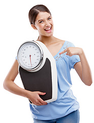 Image showing Health, weight loss and scale with portrait of woman for fitness, nutrition and diet achievement. Workout, goal and training with isolated girl model and weight scale for wellness, cardio and winner