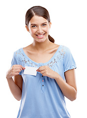 Image showing Portrait, mock up and name tag with a happy woman in studio isolated on a white background for product placement. Marketing, advertising and mockup with an attractive young female on blank space