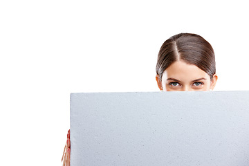 Image showing Woman, marketing with sign and mockup in studio, product placement with blank poster isolated on white background. Advertising portrait, board and space, female eyes and vision, branding or promotion