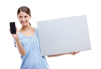 Image showing Portrait, phone and mockup with a model woman in studio isolated on a white background for brand advertising. Communication, marketing and poster with a female posing to promote blank branding space