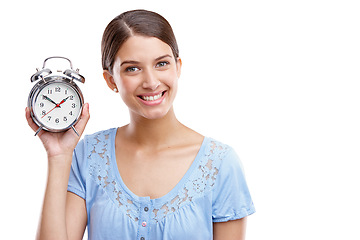 Image showing Portrait, clock and hand with a model woman in studio isolated on a white background showing an alarm. Time, vintage reminder with a female holding an alarm clock or timer on a blank space