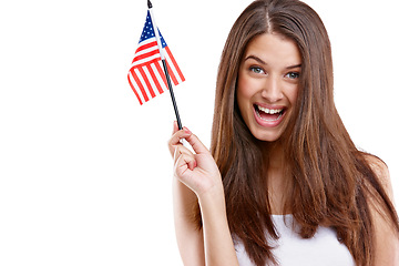 Image showing Usa hand flag, freedom and woman portrait excited about labor day holiday with white background. Isolated, model and happiness of a young person smile happy about american flag pride with mockup