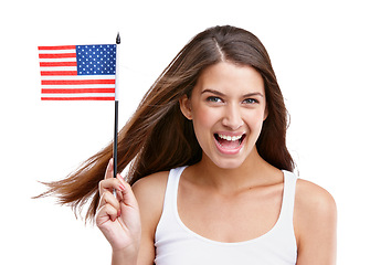 Image showing American flag, woman and happy portrait with mockup excited about labor day with white background. Isolated, model and happiness of young person smile about usa flag, pride and freedom with joy