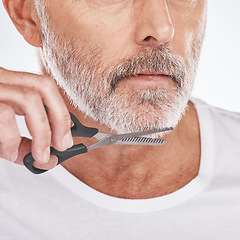 Image showing Trim, beard and senior man with scissors for grooming, facial cleaning and morning routine on a studio background. Barber, care and face of a senior model trimming hair for a clean beauty look