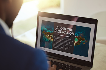 Image showing Laptop screen, travel website and businessman reading search information on vacation planning, marketing or online application. Black man, ux web design for contact us, booking faq or about us page