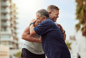 Image showing Fitness, hug and senior friends or people with lose weight support, accountability and love in urban city training, exercise or workout. Wellness, community and men with sports trust and thank you