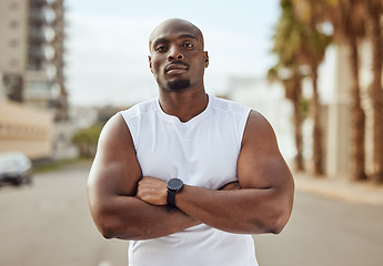 Image showing Portrait, fitness or black man ready to start running exercise, workout or sports exercise in city of Miami. Face, personal trainer or healthy African athlete thinking of vision, mission or goals