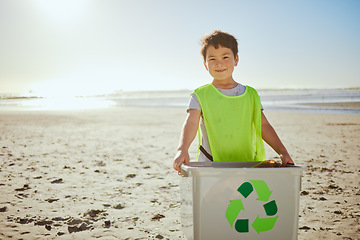 Image showing Recycling, beach cleaning and child in portrait, environment and climate change with sustainability and volunteer mockup. Eco friendly activism, clean Earth and nature with kid outdoor to recycle