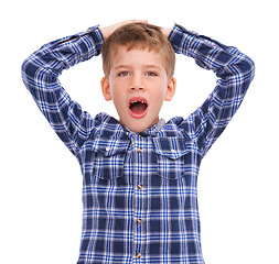 Image showing Surprise, shock and portrait of a boy with hands on head with isolated white background. Child, kid and youth of a young person in casual clothes surprised and shocked alone with mockup and wow face