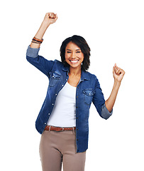 Image showing Winner, success celebration and portrait of woman in studio isolated on white background. Face, winning and happy and excited female model celebrate victory, triumph or goal achievement with a smile.