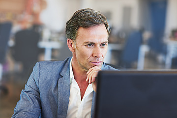 Image showing Senior businessman, reading online report and pc for web design planning, networking or digital marketing. Mature man, thinking and tech strategy analytics or logistics research on office computer