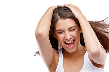 Image showing Woman, face and excited with hair blowing in studio happy about a crazy sale, beauty and wellness. Female model with hands on head and advertising space isolated on a white background with mouth open