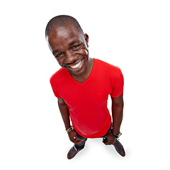 Image showing Portrait, fashion and red with a model black man in studio isolated on a white background from above. Happy, smile and zoom with a handsome young male posing on a blank space for product branding