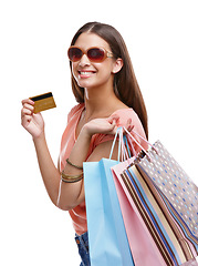 Image showing Woman, shopping bag and credit card for studio portrait, white background and isolated and product sales. Happy customer, model and shopping finance, ecommerce market and retail discount promotion