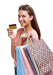 Image showing Happy woman, shopping and credit card for portrait, white background and isolated studio for product sales. Rich customer, model and shopping finance, ecommerce market and retail discount promotion