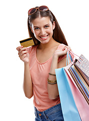 Image showing Woman, credit card and studio portrait for shopping, white background and isolated studio for product sales. Happy customer, model and retail finance, ecommerce market and store discount promotion