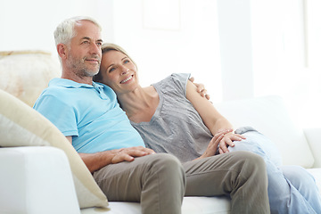 Image showing Senior couple, retirement and thinking on a couch at home with love, care and support from life insurance. Commitment of a man and woman in a healthy marriage with security on living room couch