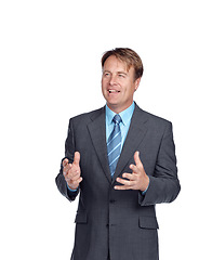 Image showing Businessman, ceo speaker and senior employee ready for a financial presentation with a smile. White background, mature worker and finance professional model looking proud and smart in a studio