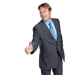 Image showing Businessman, handshake and suit with smile in studio for focus, deal and leadership by white background. Happy corporate leader, recruitment or isolated for shaking hands, welcome and company vision