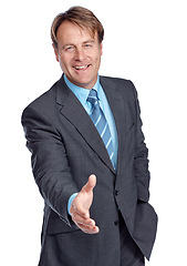Image showing Studio portrait, businessman and hand shake with suit, focus and deal in leadership by white background. Happy corporate leader, motivation or isolated for shaking hands, welcome and company vision