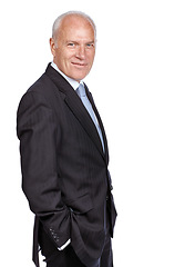 Image showing Studio portrait, senior businessman and smile for success, goals or vision by white background. Elderly corporate leader, happy and isolated for focus, leadership or motivation with professional suit