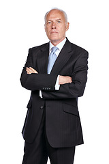 Image showing Portrait, business and man with crossed arms in studio with a luxury, classy and stylish suit. Serious, leadership and senior male model with corporate and elegant outfit isolated by white background