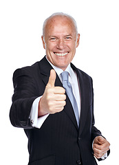 Image showing Businessman, ceo and success portrait with thumbs up for career victory with excited smile for achievement. Happy, winner and senior corporate worker with yes gesture on isolated white background